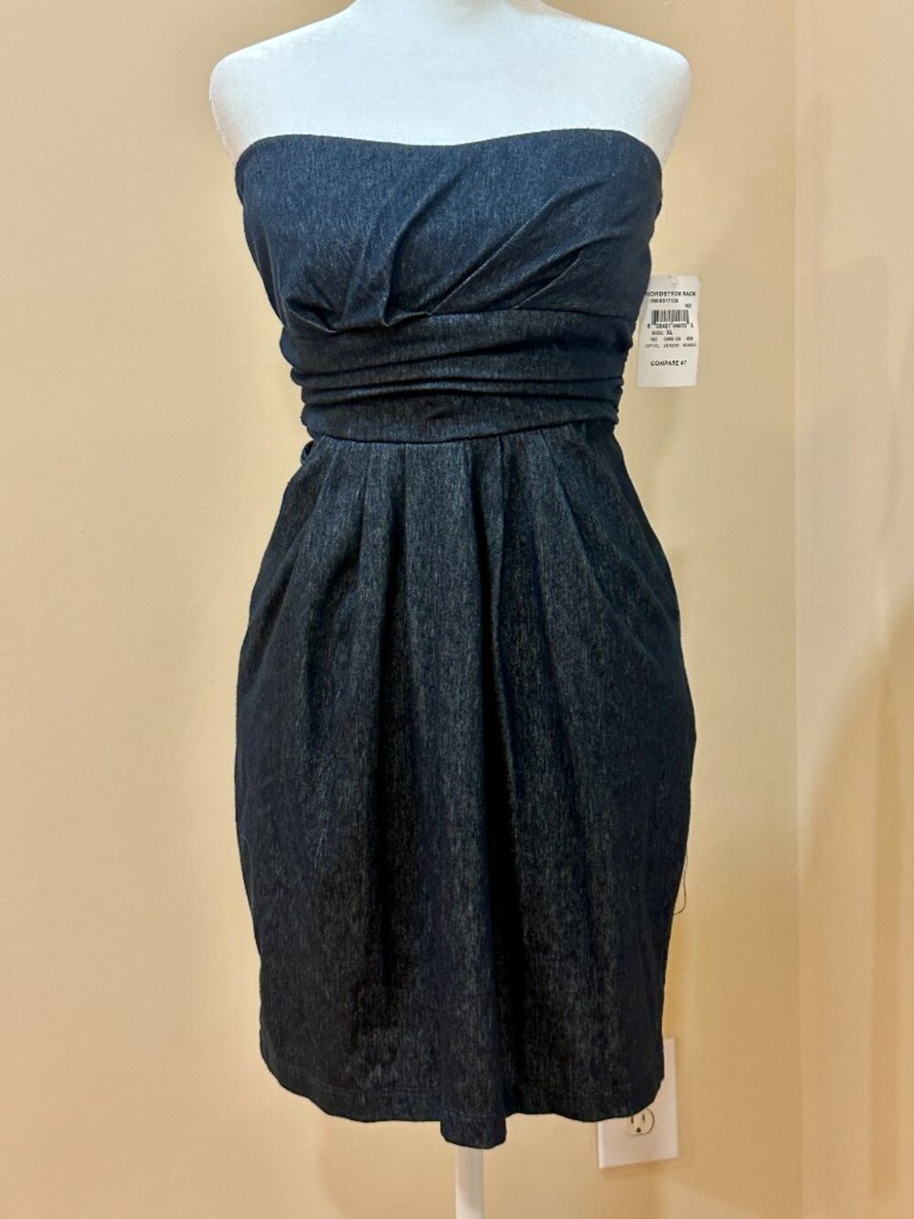 JFW Just For Wraps Strapless Denim Fan Dress XL Dark Wash Ruched Tie Back Y2K